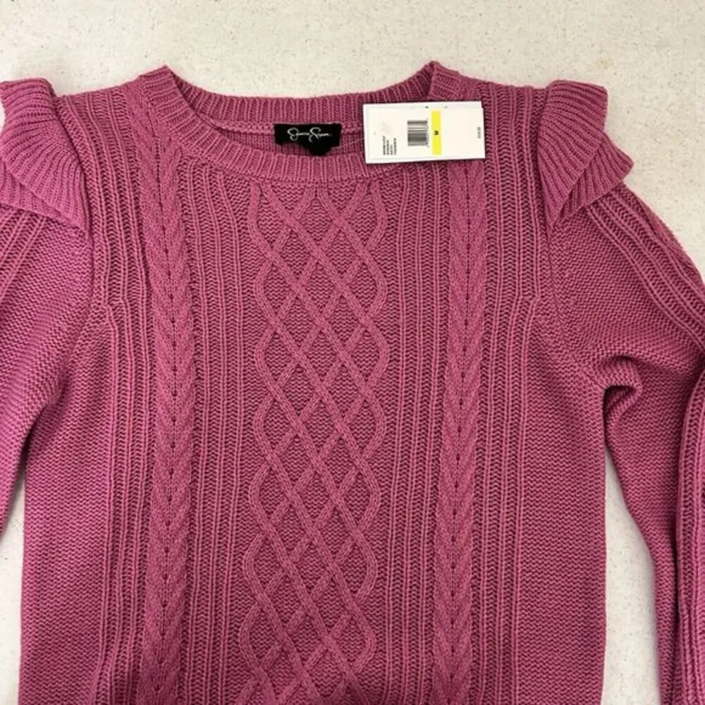 Jessica Simpson Ruffled Pullover Sweater Womens Small‎ Rosebud Cable Knit NEW